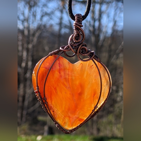 Hand Crafted Carnelian Heart Pendant Statement Necklace Copper Wire Wrap - Picture 2 of 14